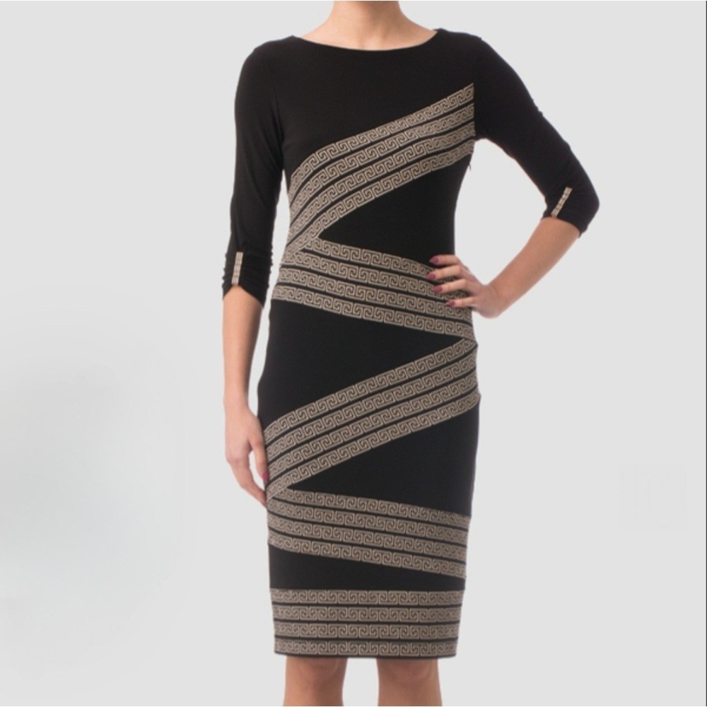 JOSEPH RIBKOFF Size 8 Black Greek Key Print 3/4 Sleeve Illusion Dress 163749